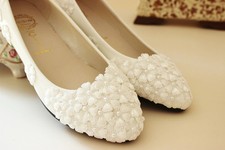 Women's Lace Flower bridal high heel low heel wedding shoes flat bridesmaid prom