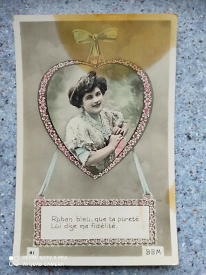 Postcard fantasy BBM 41 GIRL IN A HEART BLUE RIBBON THAT YOUR PURITY TELLS HER MY FI