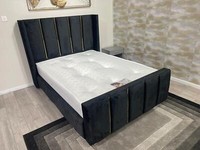 Soft Plush Wingback Gold Stripe Panel Bed With/Without Ottoman Gas Lift Storage