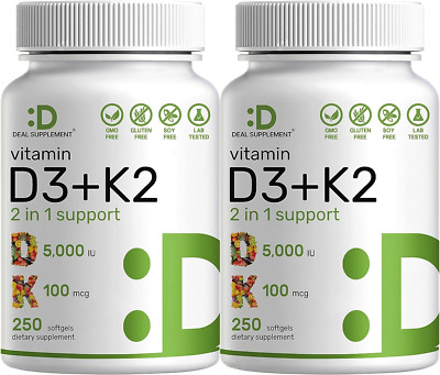 DEAL SUPPLEMENT 2 Pack Vitamin D3 K2 Softgel, 250 Count, 2-1 Complex, Vitamin D3