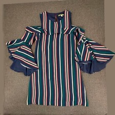 Gianni Bini Striped Dress Flutter Sleeves Cold Shoulder XS Blue Green Red White