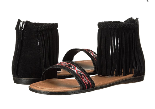Sandalias con flecos Minnetonka Marruecos talla 6 negras gamuza bordadas con cremallera trasera planas - Imagen 2 de 9