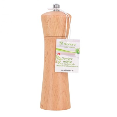 Biodora Pfeffermühle Buchenholz 17 cm Keramikmahlwerk Stufenlos Gewürzmühle