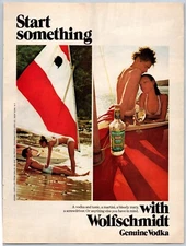 Wolfschmidt Vodka Print Ad Advertisement Man Woman Sailboat Beach Romance 1976