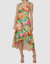 Adrianna Papell Women's Green Floral High-Low MIDI Dress Size 2