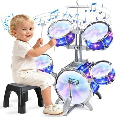 Upgraded Kids Drum Set for Toddlers w/ Light (All Plastic), Musical Gifts Toys f