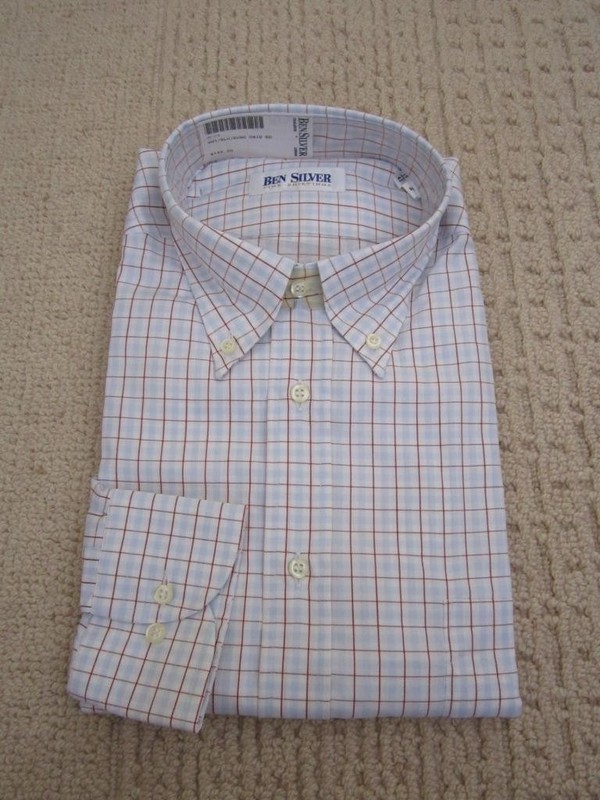 NWT BEN SILVER Mens Cotton Dress Shirt Blue/Burgundy Check Orig $185 Sz 17/36
