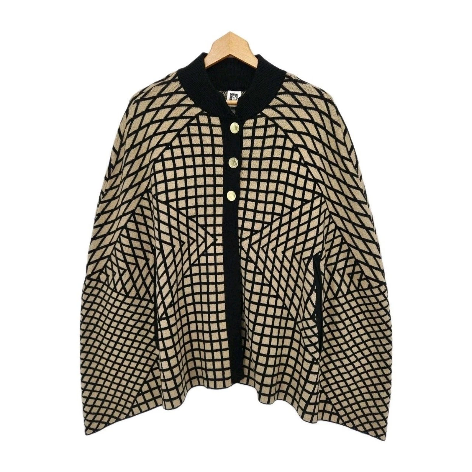 New Anne Klein Womens Poncho Shaw Sweater Black Tan Geometric Knit Size Large