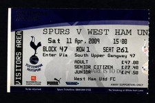 Tottenham Hotspur v West Ham United 2008-2009 Premier League Ticket 11/04/2009