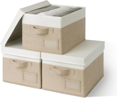 Storage Basket with Lid, Linen Fabric Storage Bins with Label, Decorative