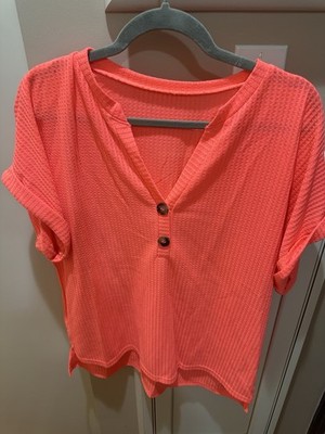 Women s Pink Solid V-Neck Button Front Lightweight Short Sleeve Knit Top XL
