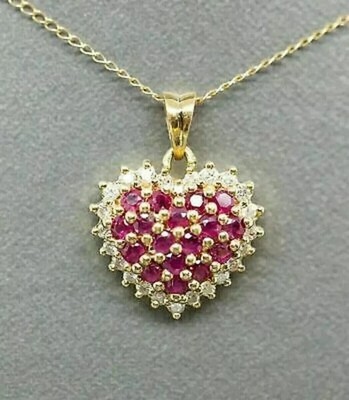 3Ct Round Cut Red Ruby Heart Shape Pendant 14K Yellow Gold Finish Free Chain