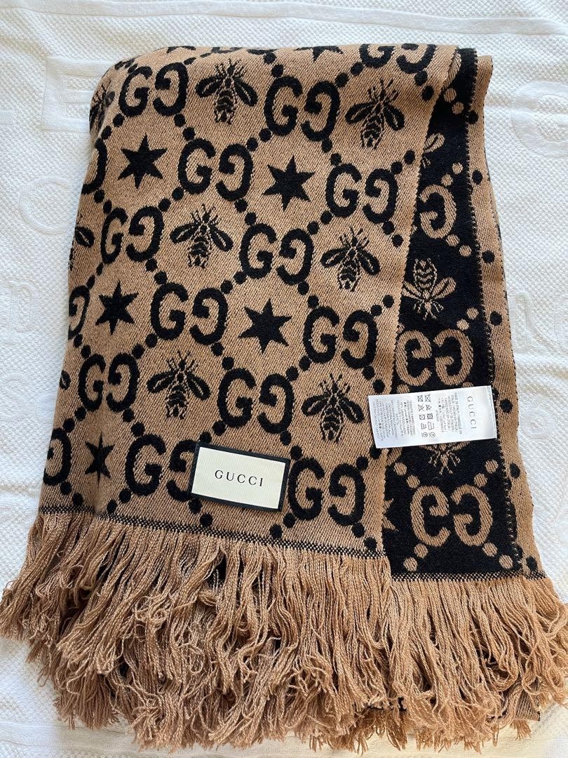 Gucci Blanket GG Bee Pattern Wool Silk Cashmere Brown Black