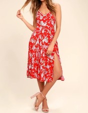Lulus Esperanza Dress Womens M Red Midi Floral Side Slit Summer Date Night