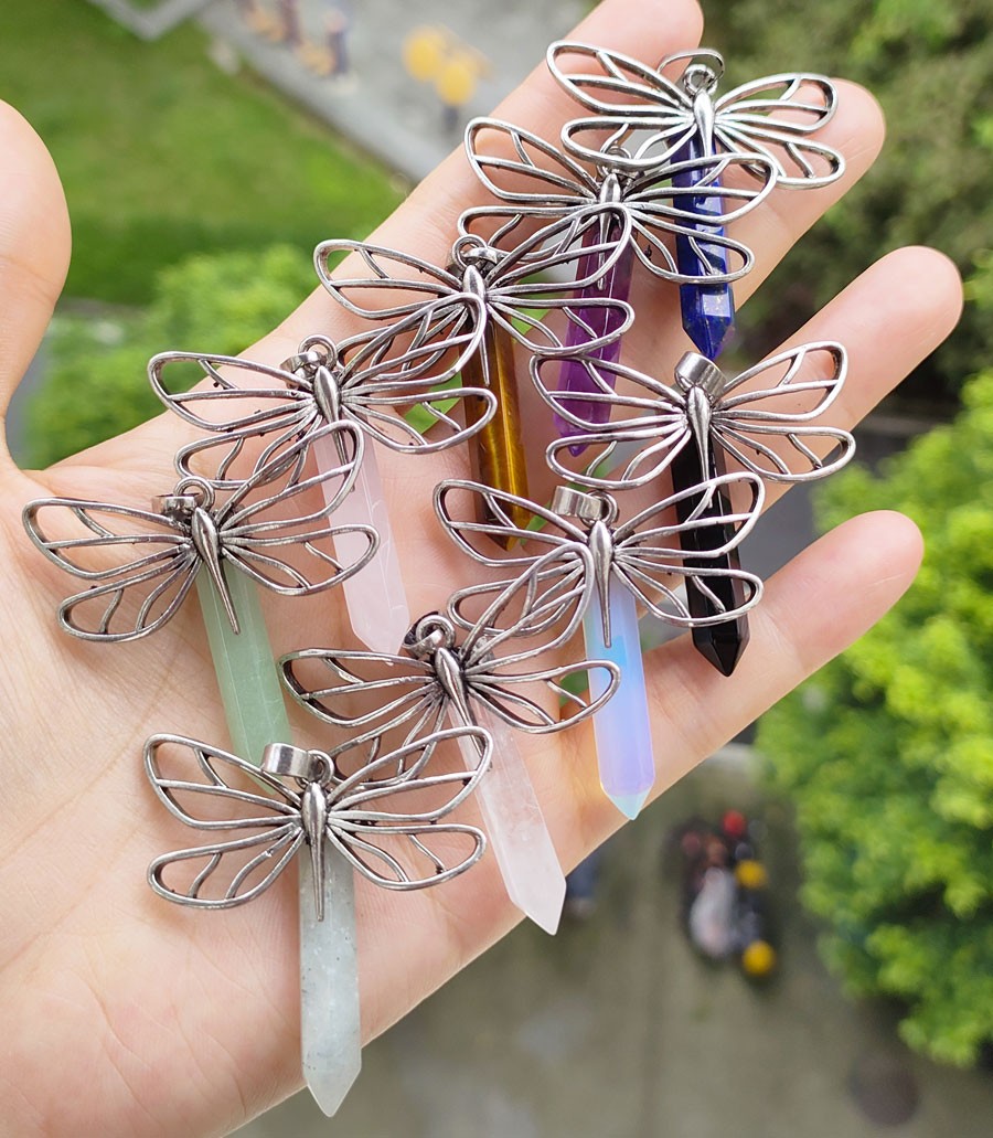 9pcs Natural Amethyst Vary Gems Dragonfly Pendant Chakra Reiki Amulet