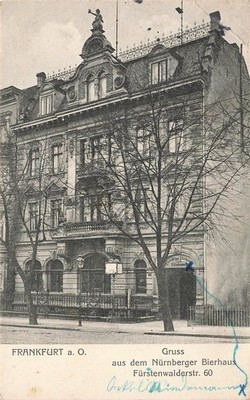 704445) greeting from card Frankfurt or Nuremberg beer house used 1913