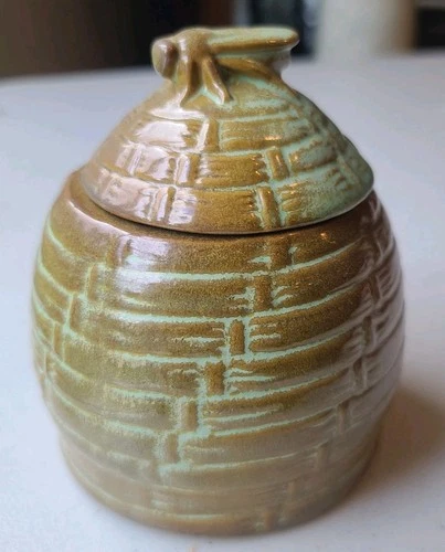Vintage Frankoma Pottery Beehive Honey Pot #803 Jar with Lid Prairie Green