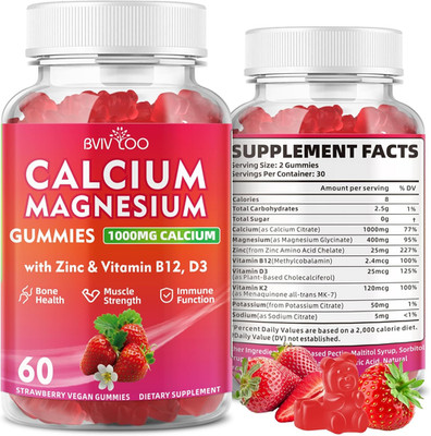 Calcium Gummies 1000mg with Vitamin D3 K2 & B Complex, Potassium, Calcium Magnes
