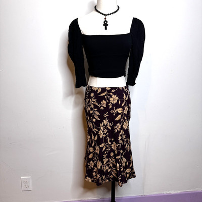 Vintage 90s EXPRESS Floral Wine Midi Skirt Flare Girly Romantic Fairy Grunge S