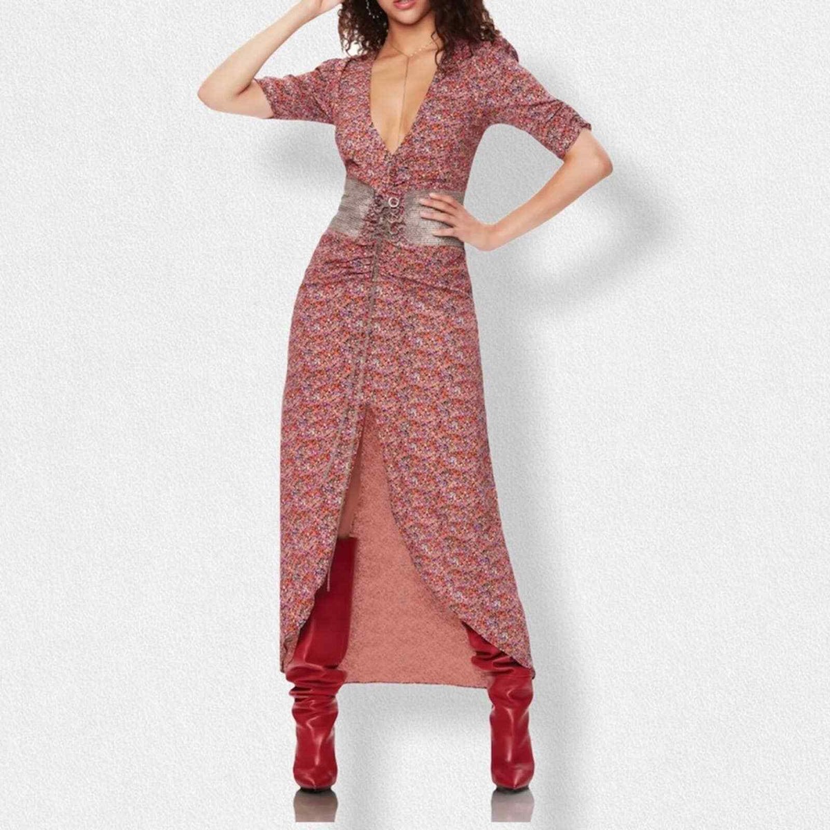 afrm ruched dress AFRM Orla Layered Plunging Cowl Front Ruched Maxi Dress