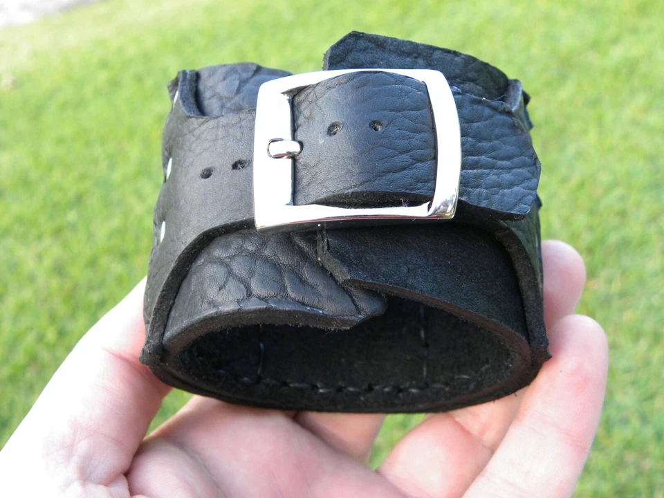 Pulsera ancha negra piedra ónix genuino Buffalo Bisonte cuero puño ajustable Foto 4 de 4