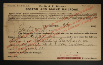 W., N. & P. Division Boston and Main Railroad 1888 Postcard Form 200