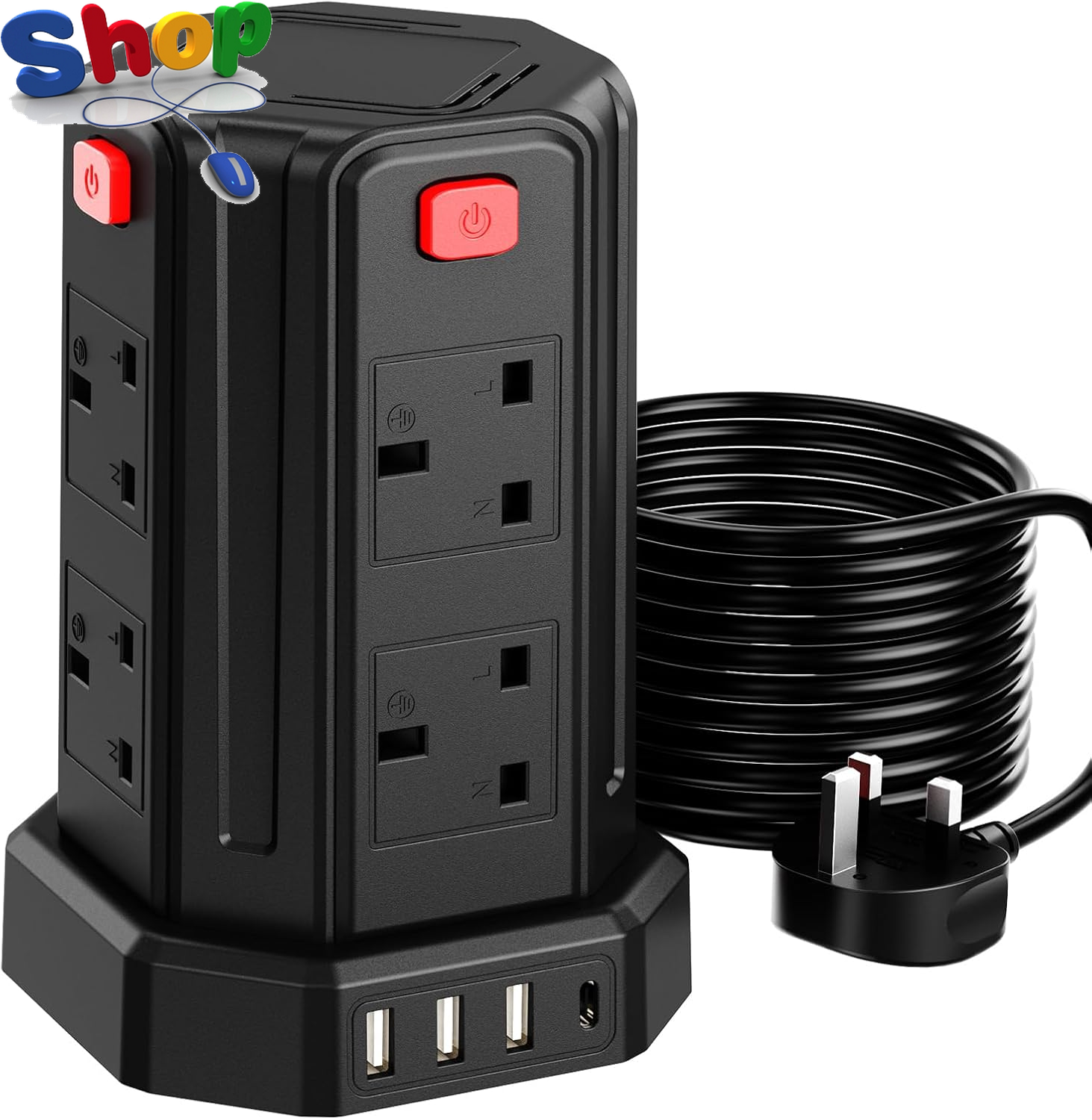 Tower  Extension  Lead  5M , ( 13A  3250W ),  8  AC  Outlets  and  4  USB  Ports