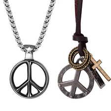 2pcs Men Peace Sign Necklace Pendant Symbol Stainless Steel PU Leather Chain Set