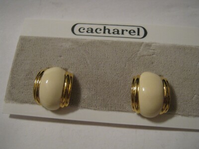 New Old Stock on Card CACHAREL Signed Cream Enamel Clip Earrings, 1958-70s Paris