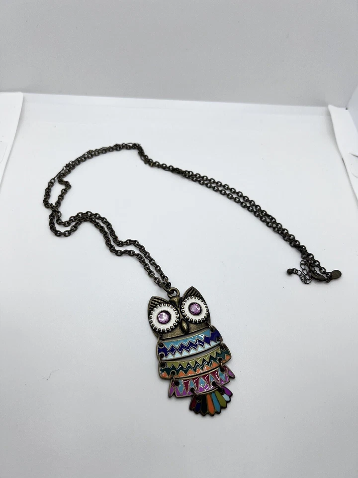 Эмаль сова подвеска ожерелье шарнирный оранжевый синий регулируемый латунный тон цепочка - Изображение 4 из 4