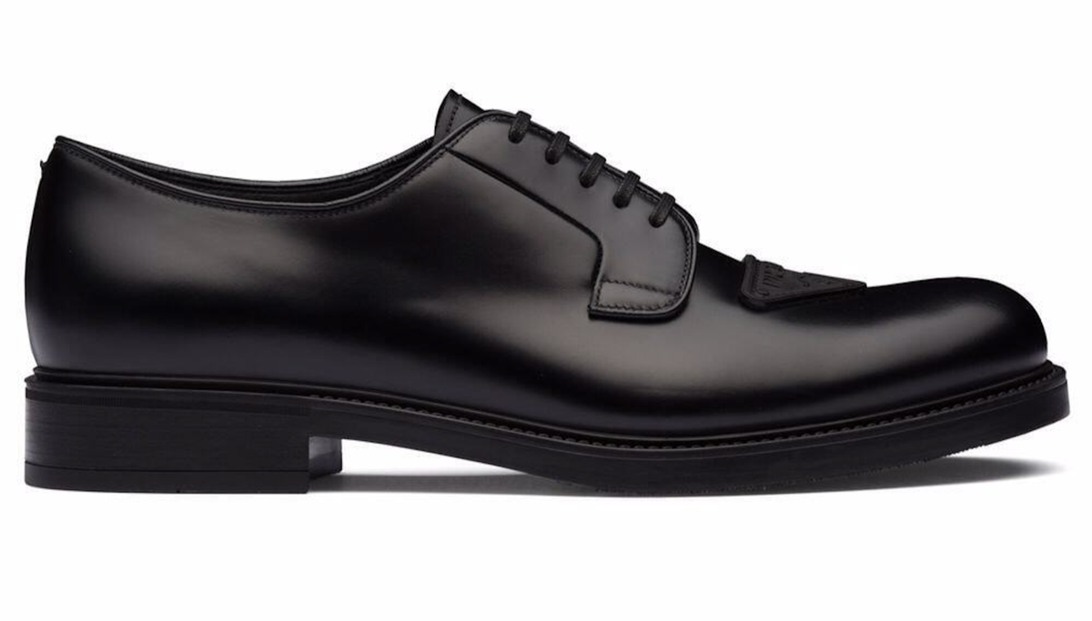 Prada Black Brushed Leather Triangle Logo Derby Loafer Lace  display picture 3