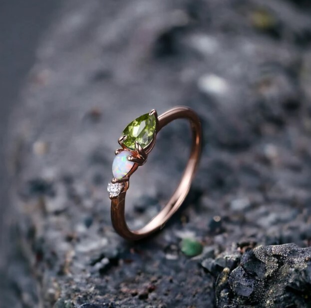 Vintage Peridot Opal Engagement Ring Pear Cut Gems Art Deco Moissanite  Wedding