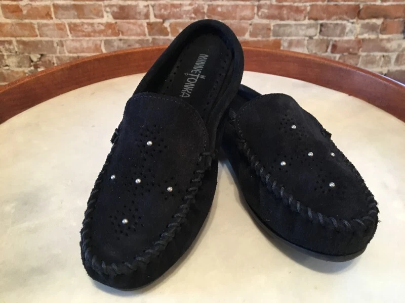 Minnetonka suede moccasin mule with studs sale