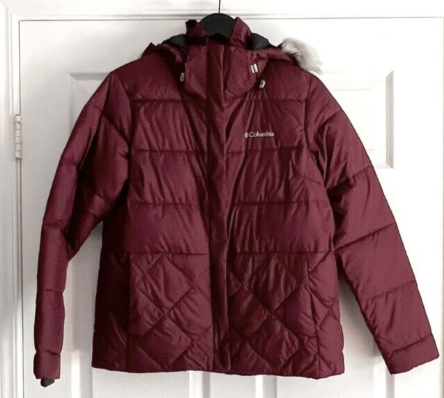 Columbia burgundy jacket down hooded faux fur ski puffer coat size