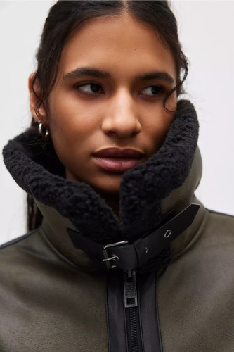 Designer $695 FRYE Women diese Fauxt Leather Shearling Shepa Moto Biker Jacket L - Picture 4 of 5