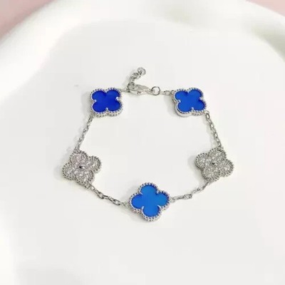 Clover Bracelet 5 motifs White Gold Diamond Blue Agate