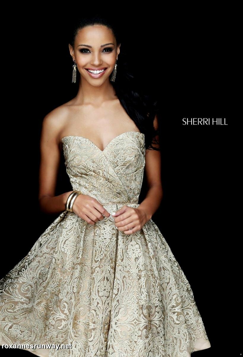 sherri hill gold cocktail dress Sherri Hill Metallic Lace Cocktail Dress 56818 Gold / 0 main image 1
