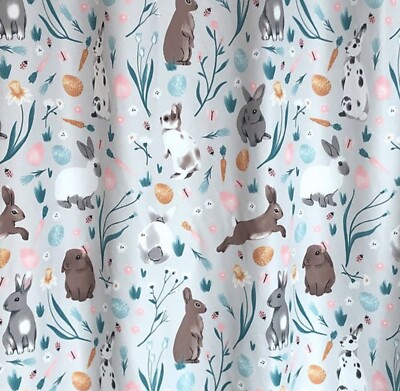 Celebrate Easter Bunnies Rabbits Blue Fabric Shower Curtain 70 x 70 - New 