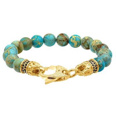 Genuine Sea Sediment Jasper Gold Stainless Steel Beaded Bracelet with Black CZ