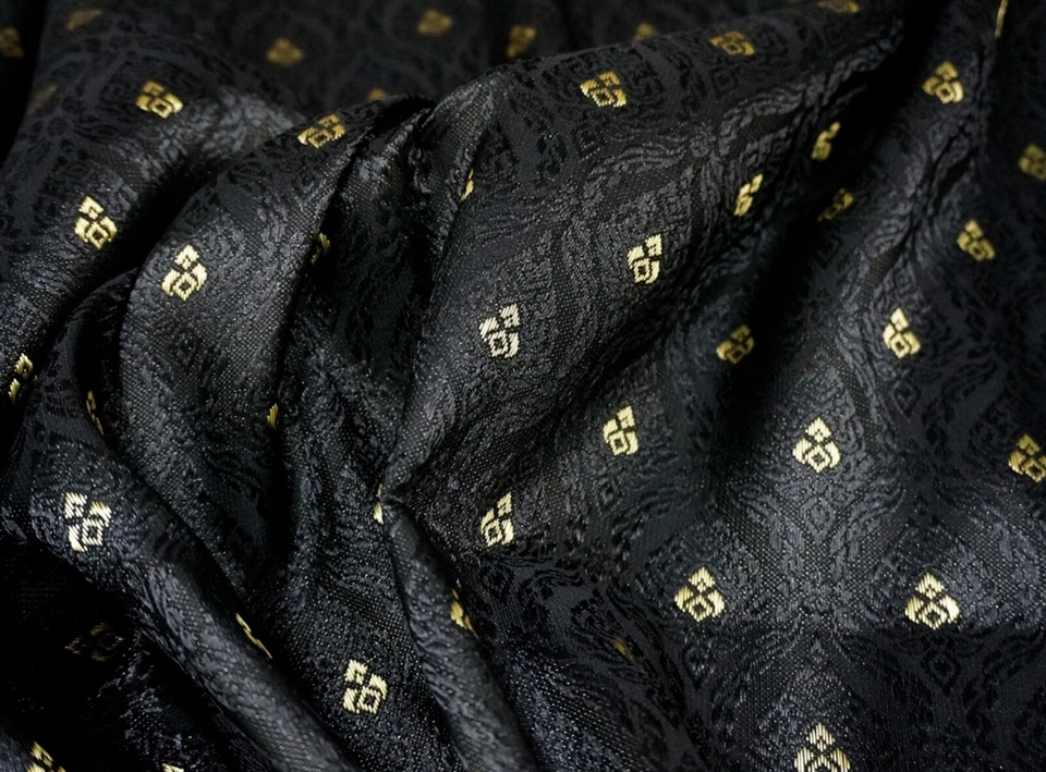 Black & Gold Thai-Laos Silk Damask Traditional Fabric 40"W By Yard - Image 2 of 3