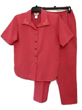 Park Place Fashions Womens PS Vintage Coral Floral Embroidered 2 Piece Pant Set