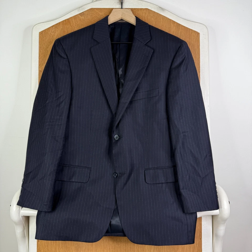 Костюм Tasso Elba мужской 38S темно-синий в тонкую полоску 2 пуговицы 100% шерсть брюки 34x28 манжеты - Изображение 2 из 4