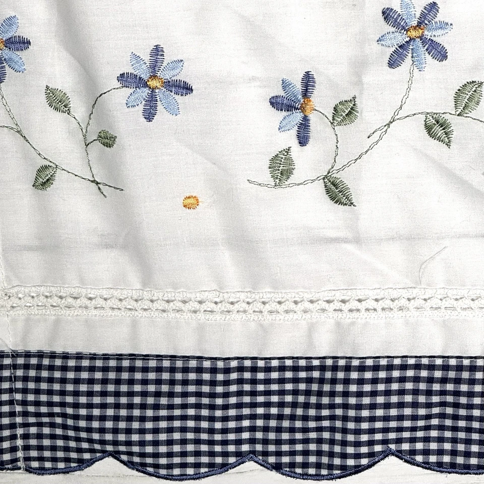 White Embroidered Floral Cafe Curtain Panels Blue Gingham Scalloped Trim Set 2 - Image 4 of 4