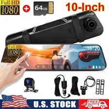 4K 10" Dual Dash Cam Car Rear Mirror View Backup Dual Camera Night Vision + 64GB