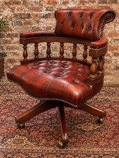 Restored Rust Red Leather Captains Swivel Office Chair – Chesterfield Style