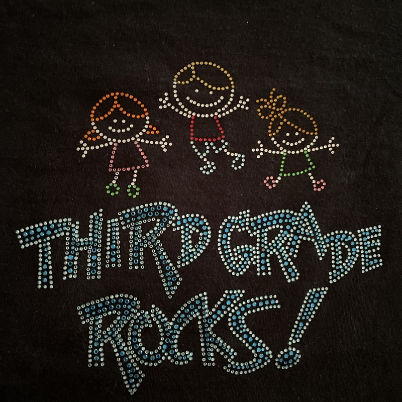 3RD THIRD GRADE ROCKS! Tee Size L Teacher Rhinestone Black T-Shirt Top Gildan