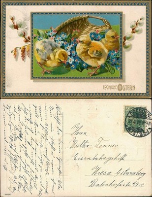 Ansichtskarte  Ostern Easter Korb Küken 1916 Goldprägung