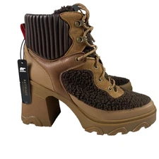 Sorel Brex Heel Cozy Lace Boots Womens Size 11 Brown Tan Waterproof Faux Fur