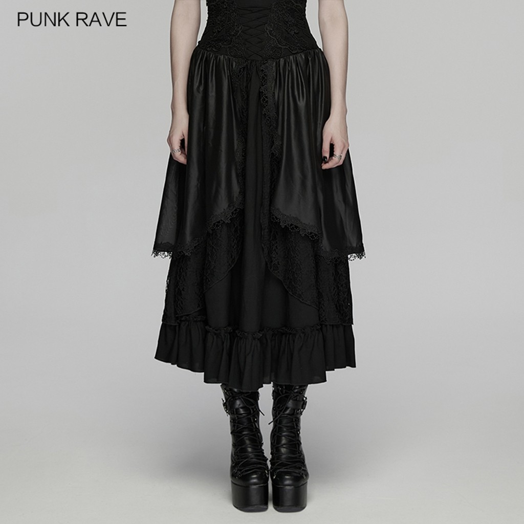 Punk Rave Women Black Vintage Gothic Layered Lace Ruffle Lace-Up