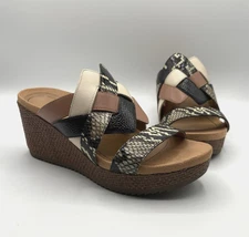 VIONIC Tara Ray Sandals Women's Size 6.5 Black Brown Snake Leather Wedge Heels